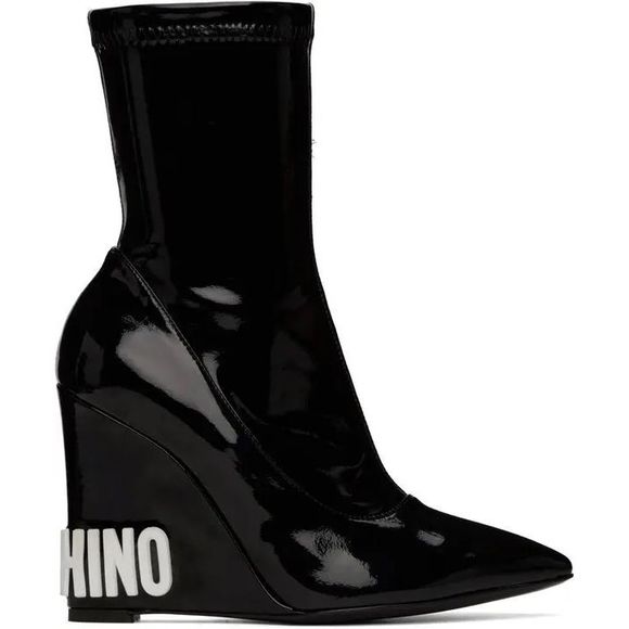Moschino Faux Patent Leather Wedge Booties - Picture 1 of 12
